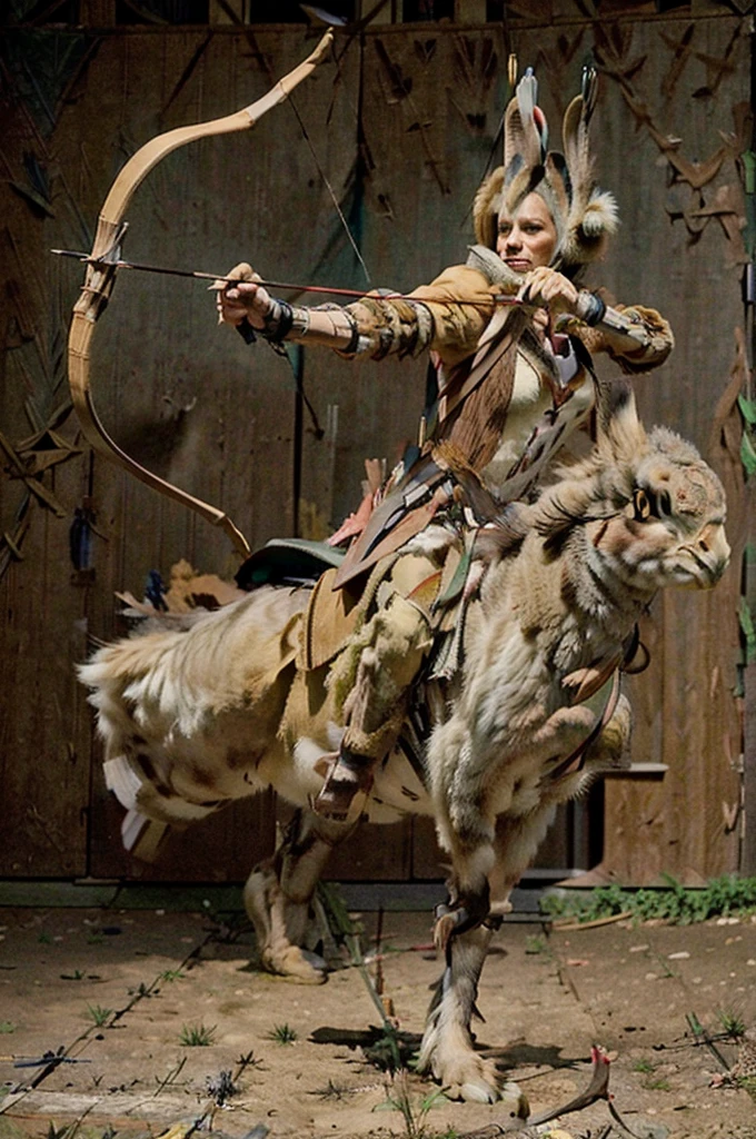 an anthropomorphic gray and tan rabbit dressed in leather shooting a bow and arrow while riding a chicken raptor, masterpiece, best, photo realistic