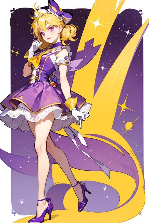 Shelly is an anthropomorphic peanut with yellow hair, brown arms and legs wearing a lavender bandana with a purple stripe and knot. She also wears plain white gloves and a stylish pair of white heels. She also appears to have red lipstick. SPARKLE; GLITTER