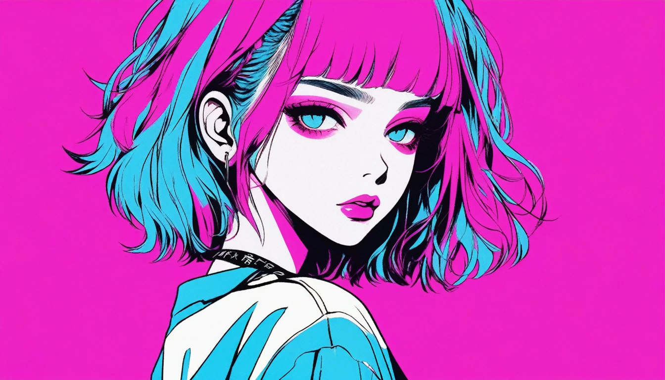 Illustrator, anime , Realistic ,sketch , 1 Girl, ,lip, T-shirt,order,Textured Trim, (masterpiece,Highest quality) Urban Neon Background, Neon Hair,Textured Trim, Canadian, (masterpiece,Highest quality) Cancer
