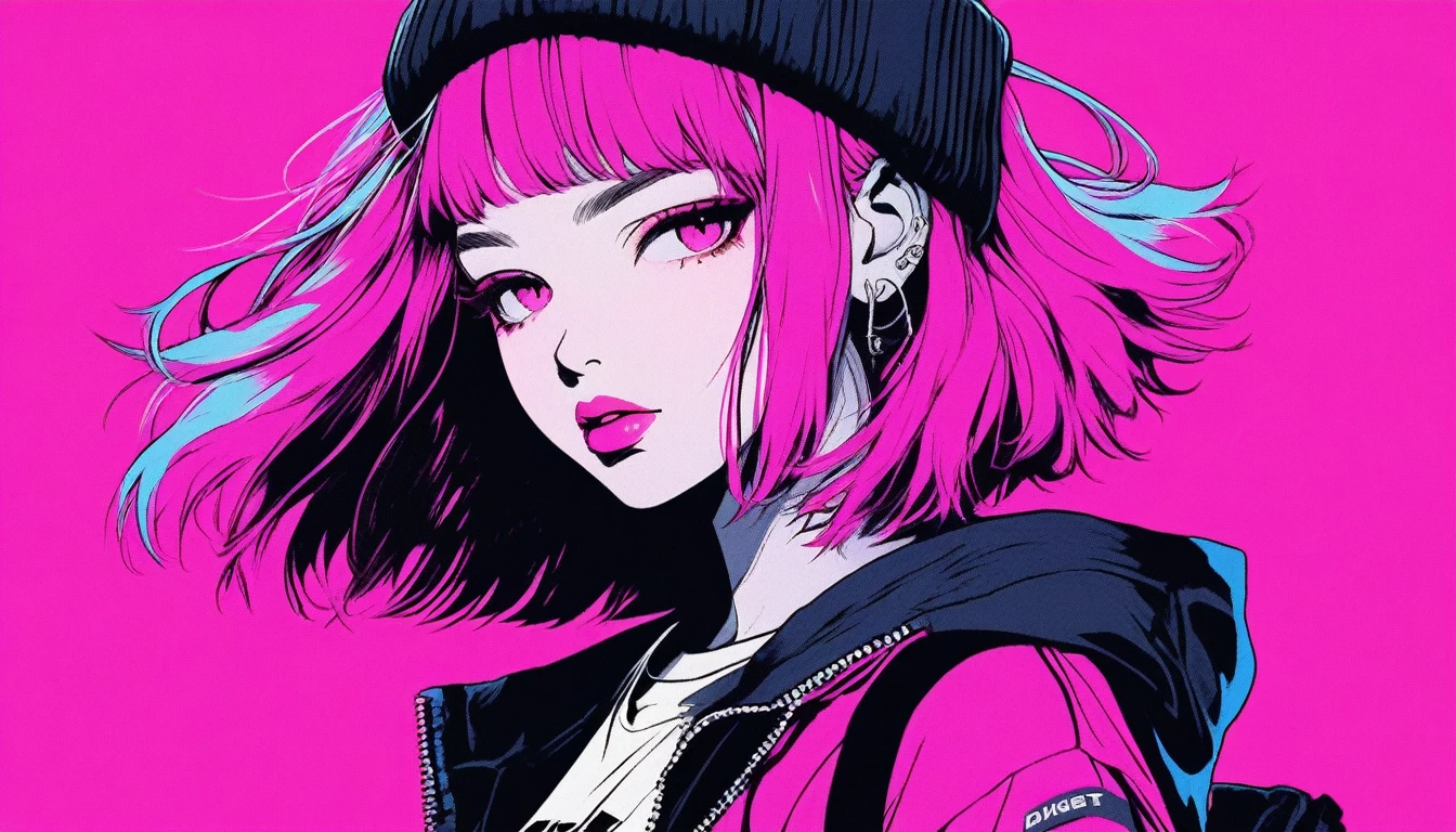 Illustrator, anime , Realistic ,sketch , 1 Girl, ,lip, T-shirt,order,Textured Trim, (masterpiece,Highest quality) Urban Neon Background, Neon Hair,Textured Trim, Canadian, (masterpiece,Highest quality) Cancer