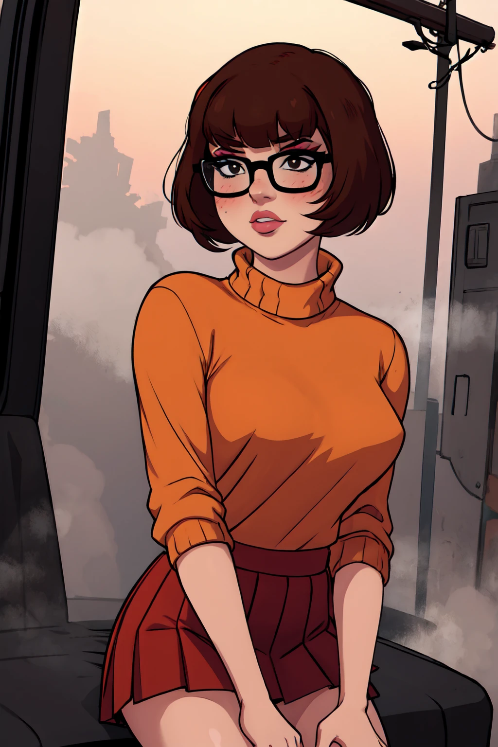 1girl, Velma from scooby-doo, solo, skinny, brown hair, black eyes, square glasses, orange turtleneck blouse and red skirt,  eyeliner, looking at viewer, lips, black bob cut, blunt bangs, blush, standing, upper body, face focus, outdoors, horror \(theme\), night, fog egirlmakeup, sitting on the van car