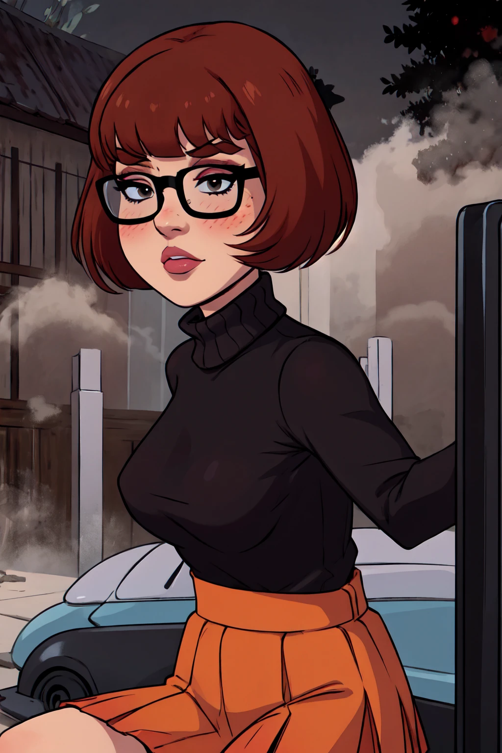 1girl, Velma from scooby-doo, solo, skinny, brown hair, black eyes, square glasses, orange turtleneck blouse and red skirt, eyeliner, looking at viewer, lips, black bob cut, blunt bangs, blush, standing, upper body, face focus, outdoors, horror \(theme\), night, fog egirlmakeup, sitting on the van car