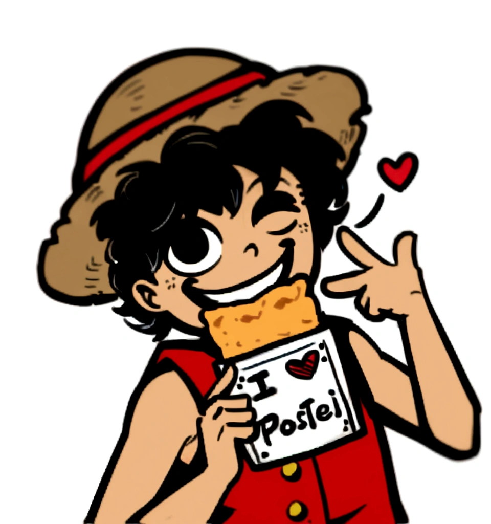 drawing of a boy with a hat and a sign with a heart, inspired by Eiichiro Oda, inspired by Junpei Satoh, eiichiro oda style, offcial art, telegram sticker, monkey d. Luffy, spike spiegel, of one piece, monkey d Luffy, pastries, Luffy, official fanart, ❤🔥🍄🌪, estilo de arte of one piece