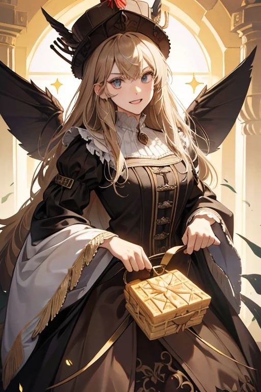 Sir Waffington III is a large, brown-colored, slightly cube-shaped, flying waffle with squarish eyes and nutcracker-like teeth. Her "hat" and a pair of wings appears to be made out of butter. SPARKLE; GLITTER