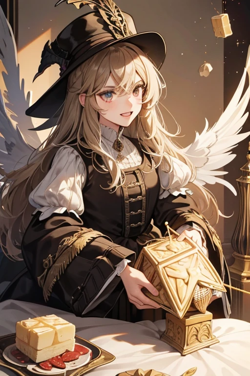 Sir Waffington III is a large, brown-colored, slightly cube-shaped, flying waffle with squarish eyes and nutcracker-like teeth. Her "hat" and a pair of wings appears to be made out of butter. SPARKLE; GLITTER
