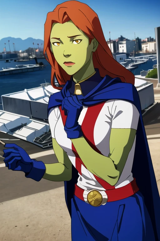 8k,highres,absurdres,masterpiece,best quality,original,extremely detailed CG,extremely detailed wallpaper,perfect, MissMartianYJ, girl1, solo, orange eyes, green skin, hair, White shirt, red X logo, blue gloves, long blue cape, short sleeves, blue skirt, city