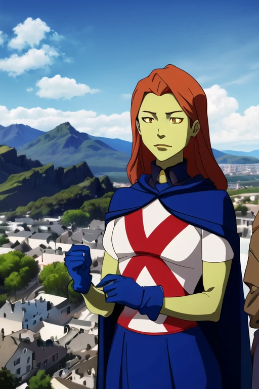 8k,highres,absurdres,masterpiece,best quality,original,extremely detailed CG,extremely detailed wallpaper,perfect, MissMartianYJ, girl1, solo, orange eyes, green skin, hair, White shirt, red X logo, blue gloves, long blue cape, short sleeves, blue skirt, city