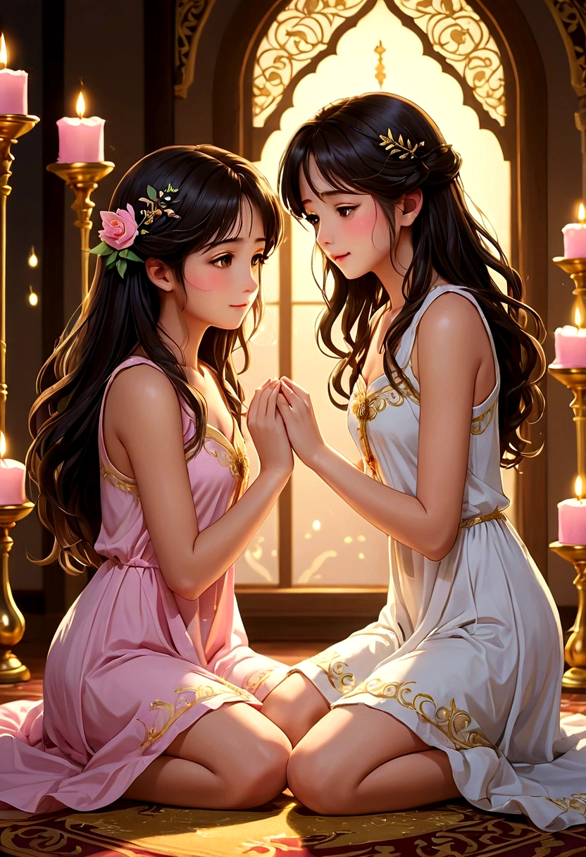 A tender and idyllic anime scene of two young women, Sarocha Chankimha and Rebecca Armstrong, sharing a moment of love and tenderness. Sarocha, with her dark hair and delicate features, kneels in a canopied bed wearing a pastel pink nightgown and holding a beautifully embroidered handkerchief. Rebecca, with her British features and light brown hair, kneels in front of Sarocha, gently trying to take the handkerchief from her hand. The room is filled with elegance and luxury, illuminated by the soft glow of candles, creating an intimate atmosphere. The words "The Loyal Pin" are written in a stunning metallic gold font, adding a touch of sophistication to the scene.