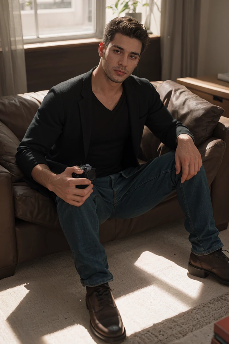 shot on leica, shadowplay, gorgeous lighting, subtle hues ,handsome men ,living room