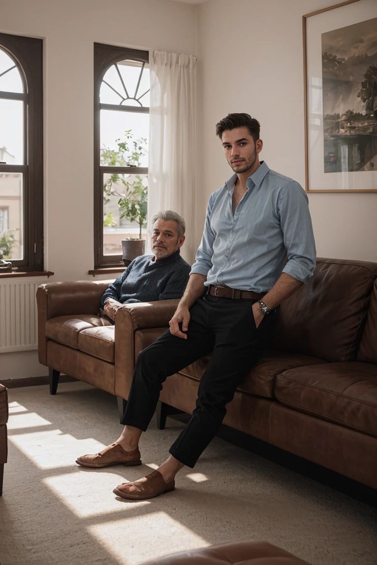 shot on leica, shadowplay, gorgeous lighting, subtle hues ,handsome men ,living room

