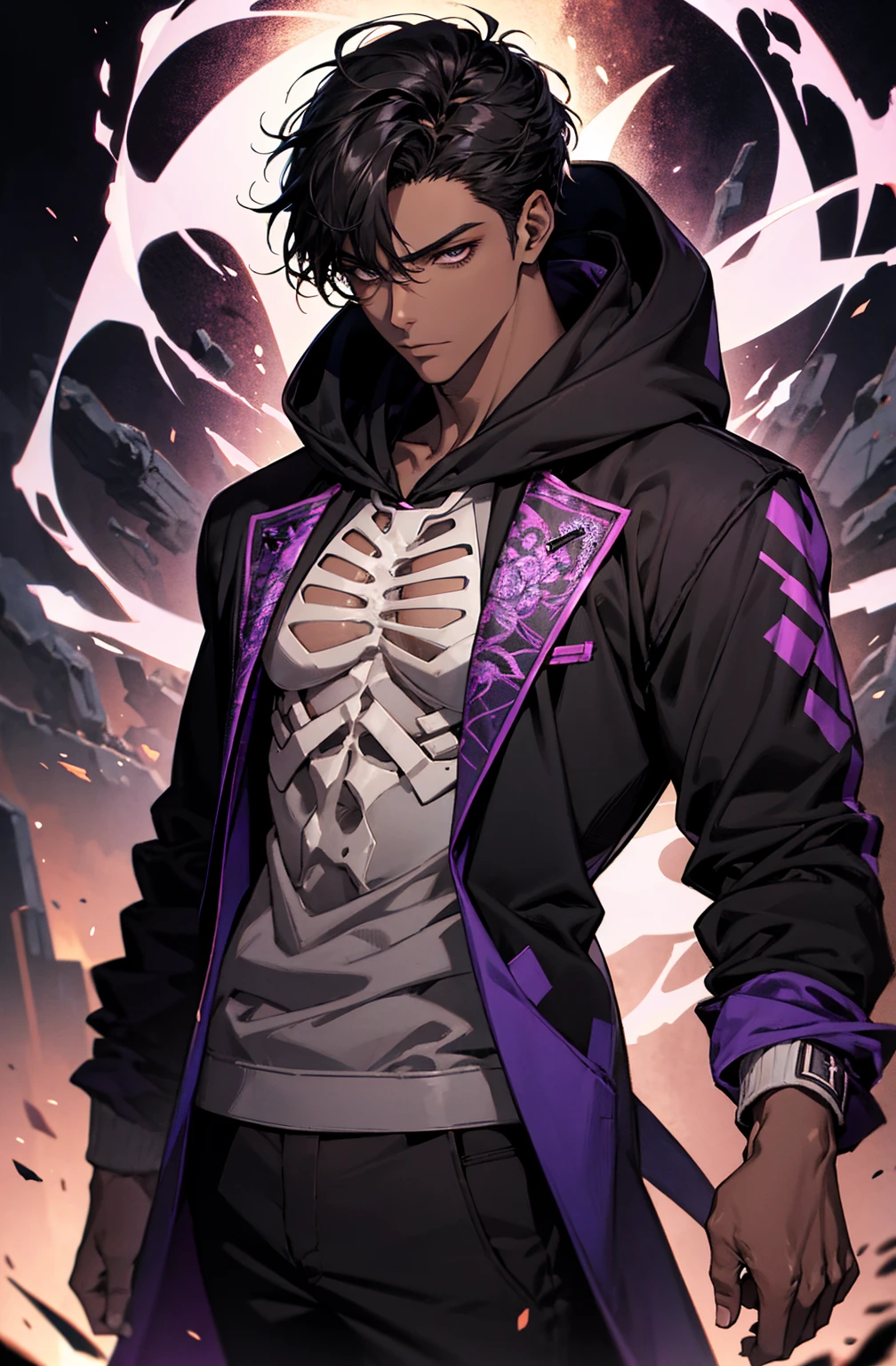 male with bones, looking away from camera, skulls, bones, handsome, black, dark skin, tall, broad shoulders, black hair, purple, purple fire, magic, detailed face, fantasy, hoodie
