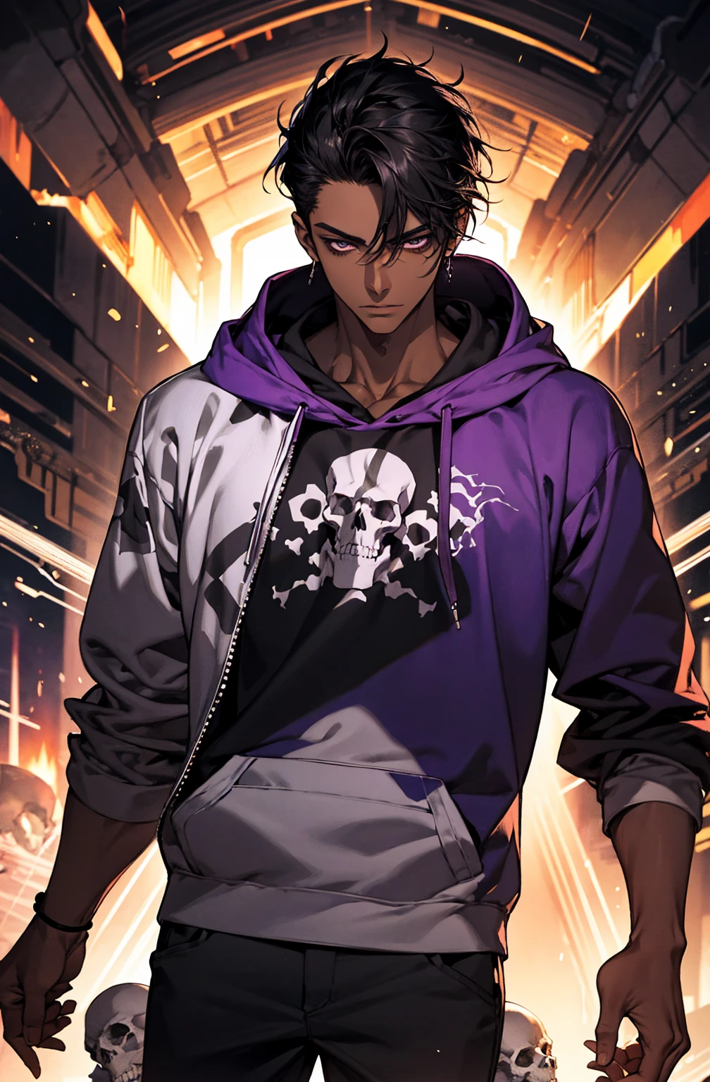 male with bones, looking away from camera, skulls, bones, handsome, black, dark skin, tall, broad shoulders, black hair, purple, purple fire, magic, detailed face, fantasy, hoodie
