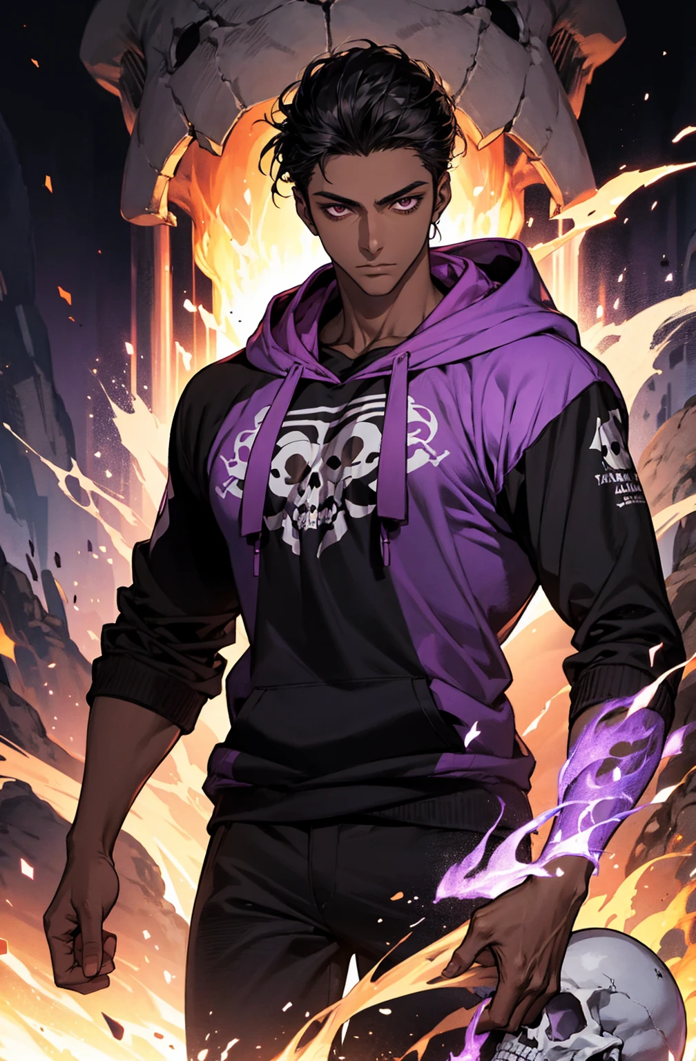male with bones, looking away from camera, skulls, bones, handsome, black, dark skin, tall, broad shoulders, black hair, purple, purple fire, magic, detailed face, fantasy, hoodie