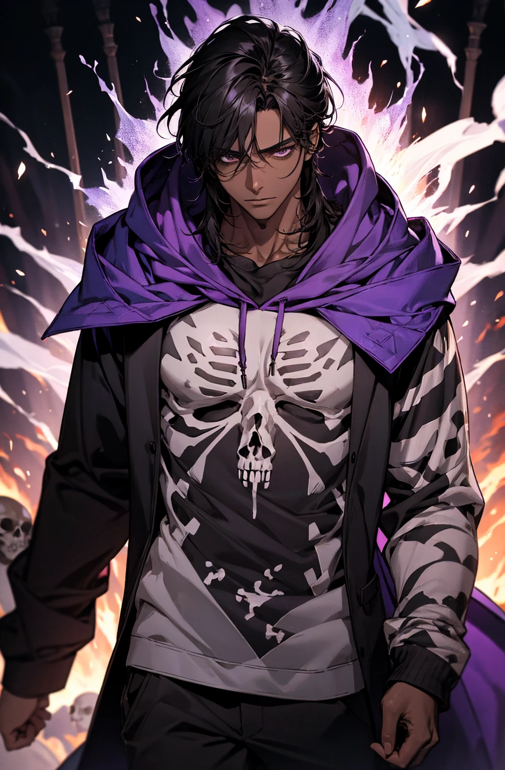 male with bones, looking away from camera, skulls, bones, handsome, black, dark skin, tall, broad shoulders, black hair, purple, purple fire, magic, detailed face, fantasy, hoodie