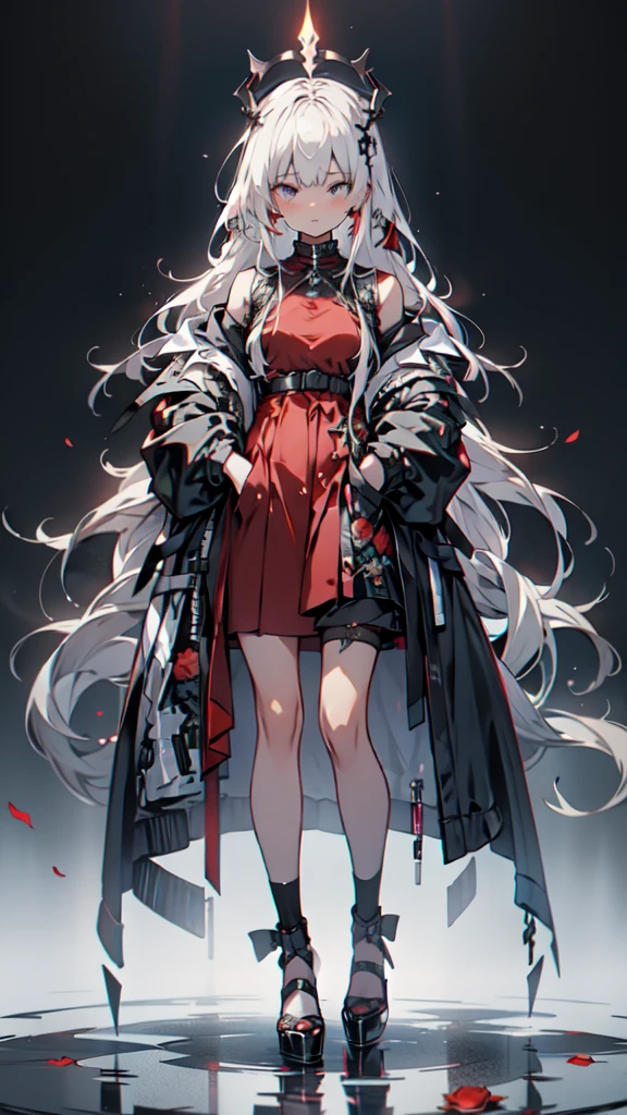 1 woman in a red dress and black heels standing in front of a crown of red roses, hand in pocket, white-haired deity, high-quality anime visual of a cute girl, anime girl with long hair, perfect white-haired anime girl, gothic maiden anime girl, high-quality anime art style, animated style, cute anime waifu in a beautiful dress, red outfit, beautiful anime art, from Arknights