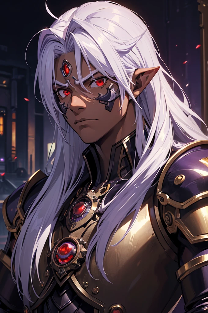 ((best quality)), ((masterpiece)), (detailed), ((boy)), ((mechanical armor)), (steampunk), (serious), dark skinned, human, upper body, portrait, red eyes, long white hair, Xemnas from Kingdom Hearts, half-drow, pointy ears, serious face, dramatic lighting, purple hue, art by Kinema Citrus and Tetsuya Nomura