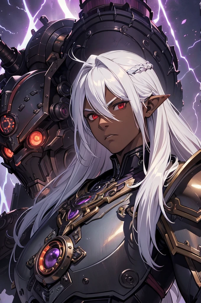 ((best quality)), ((masterpiece)), (detailed), ((boy)), ((mechanical armor)), (steampunk), (serious), dark skinned, human, upper body, portrait, red eyes, long white hair, Xemnas from Kingdom Hearts, half-drow, pointy ears, serious face, dramatic lighting, purple hue, art by Kinema Citrus and Tetsuya Nomura