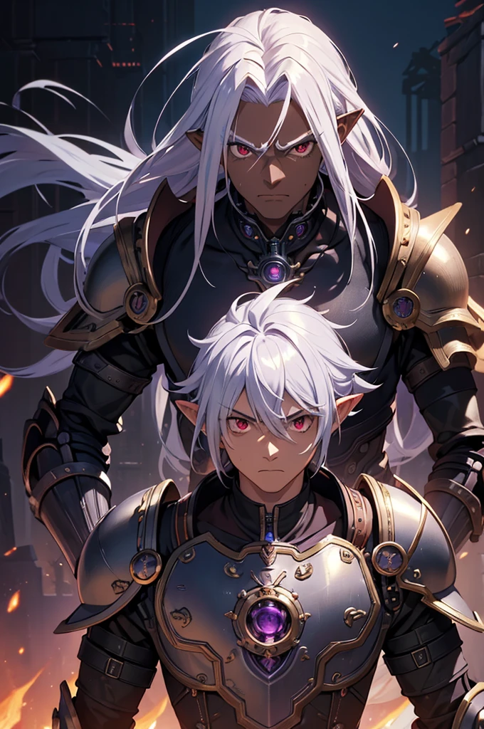 ((best quality)), ((masterpiece)), (detailed), ((boy)), ((mechanical armor)), (steampunk), (serious), dark skinned, human, upper body, portrait, red eyes, long white hair, Xemnas from Kingdom Hearts, half-drow, pointy ears, serious face, dramatic lighting, purple hue, art by Kinema Citrus and Tetsuya Nomura