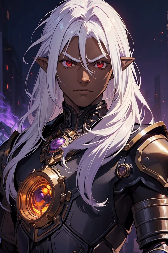((best quality)), ((masterpiece)), (detailed), ((boy)), ((mechanical armor)), (steampunk), (serious), dark skinned, human, upper body, portrait, red eyes, long white hair, Xemnas from Kingdom Hearts, half-drow, pointy ears, serious face, dramatic lighting, purple hue, art by Kinema Citrus and Tetsuya Nomura
