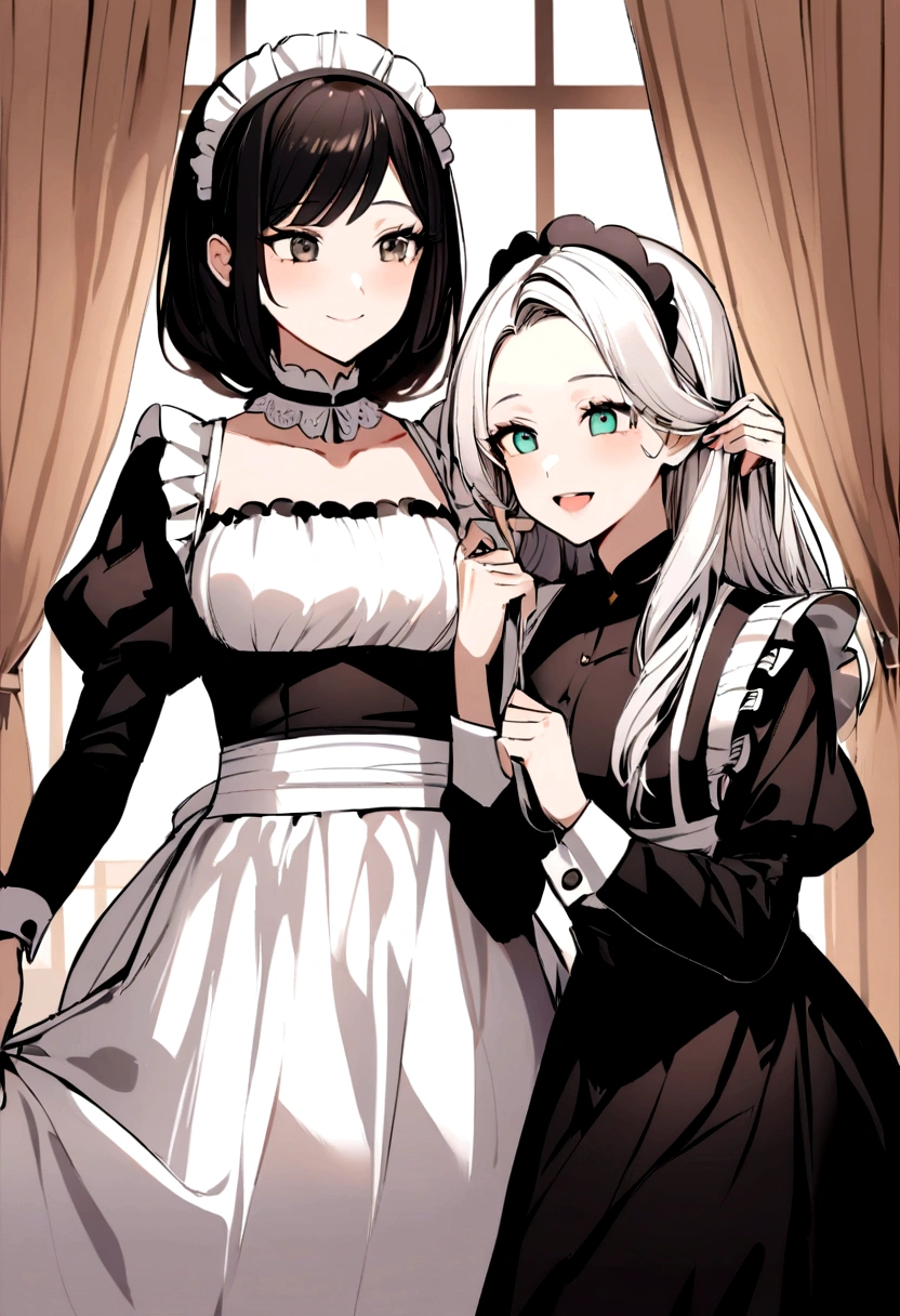 Two girls help the maid and the maid comb their hair. The noble woman smiles happily, the maid cousin maid does everything with love and devotion, the maid takes care of the boss with great pleasure,
