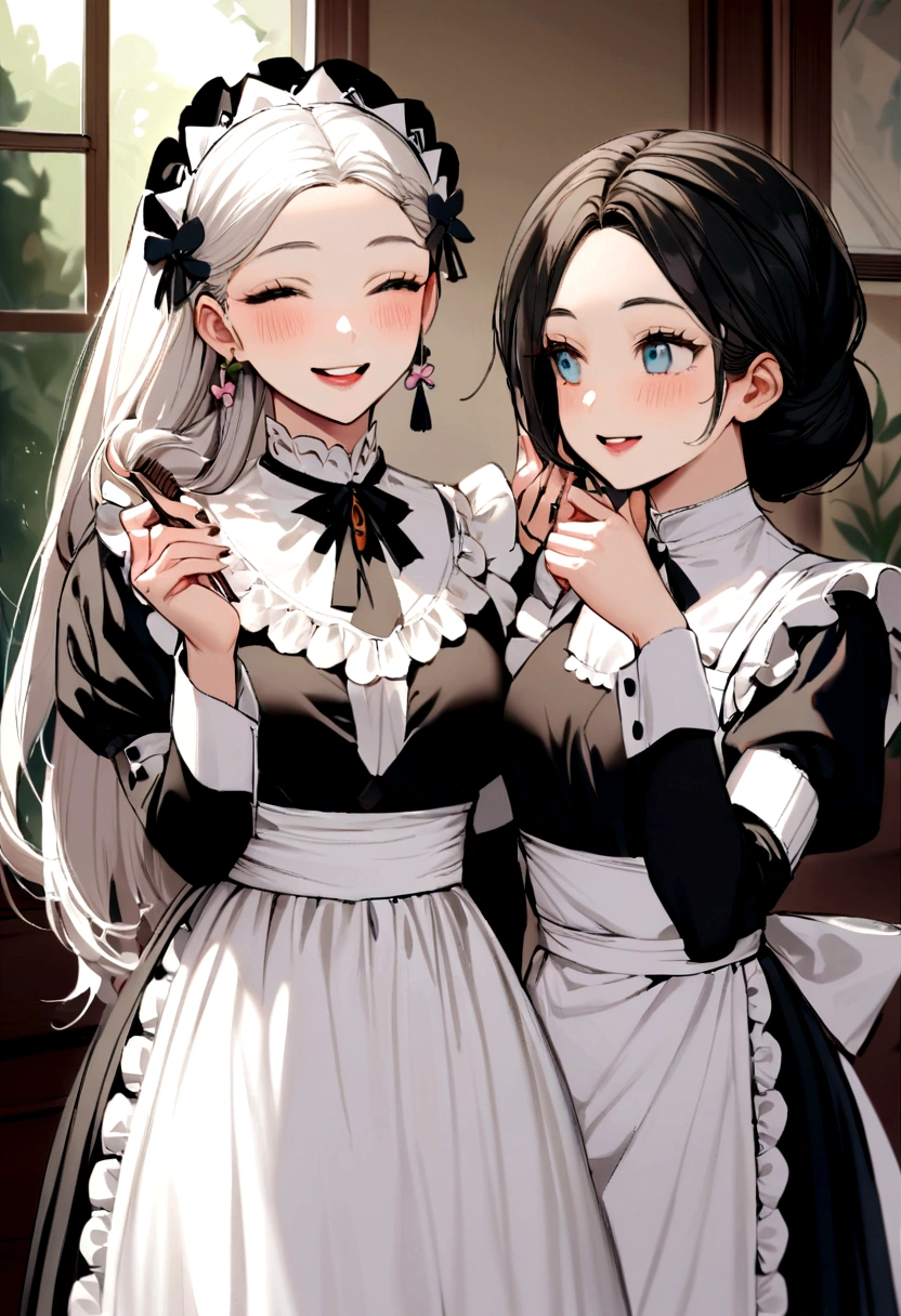 Two girls help the maid and the maid comb their hair. The noble woman smiles happily, the maid cousin maid does everything with love and devotion, the maid takes care of the boss with great pleasure,