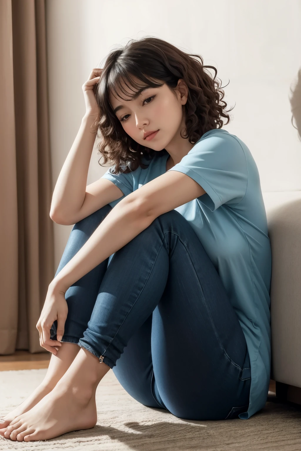A woman is sitting with her feet together, both shoes, possibly in comfortable shoes. Your left arm supports your head tilted down, reflecting a thoughtful or perhaps tired posture. Your right hand rests on your right leg, perhaps in a gesture of relaxation or contemplation. She wears a simple blue shirt and black pants that contrast with the softness of her curly hair., that fall freely around your face and shoulders.