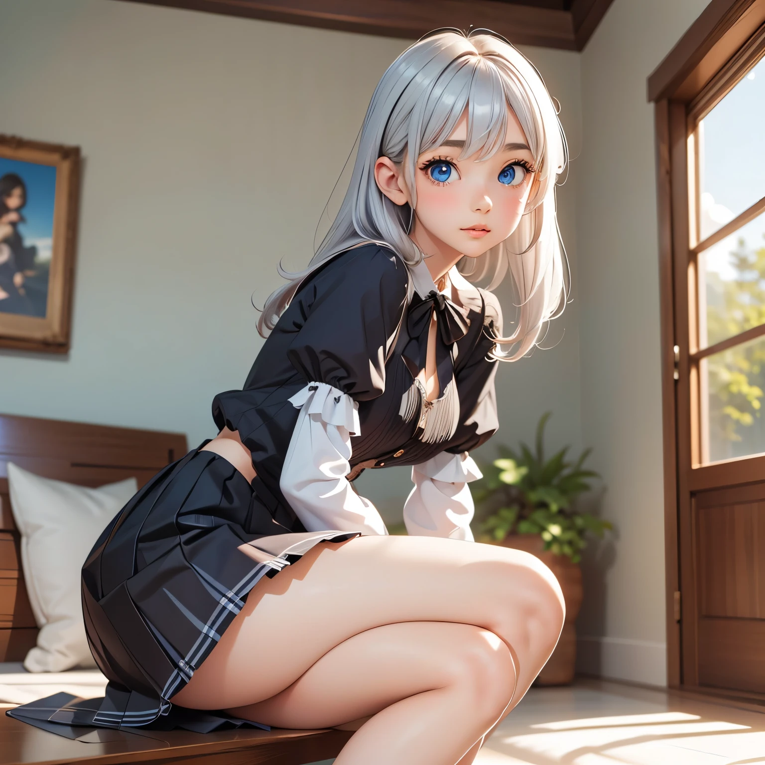 detailed face, cute face, ((masterpiece)), (Highest quality))), (Character design sheet, National costume, same characters, front, ~ side, return), figure, 1 girl, whole body, Silver Hair, eyes hair, Beautiful Eyes, Princess Cut, Environmental change scene, Short skirt, Shyness, woman, girl, Are standing, Gothic Lolita, VTuber, Chartern Betarola, (simple returnground, white returnground: 1.3) ( masterpiece:1.2), (Highest quality:1.3), (Hands on knees) , Leaning forward
