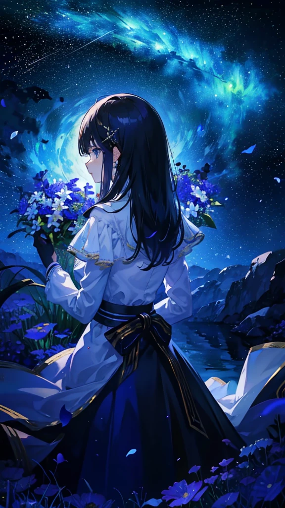 "tmasterpiece,top Quority,offical wallpaper,winning artwork,Top-down view,1 Tape,Rear shadow,In a sea of flowers,stargazing,As estrelas,themoon,meteors,Colorful shooting stars,Hair satisfied, an beautiful,4K"