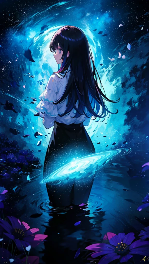 "tmasterpiece,top Quority,offical wallpaper,winning artwork,Top-down view,1 Tape,Rear shadow,In a sea of flowers,stargazing,As estrelas,themoon,meteors,Colorful shooting stars,Hair satisfied, an beautiful,4K"