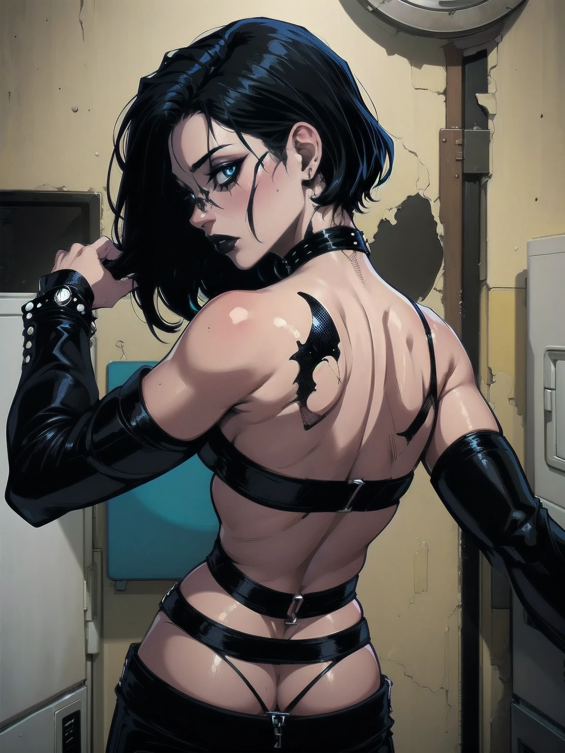 a woman with medium black hair, hair on shoulders, wearing black pant, black jacket, blue eyes, zombie art, gothic art, cute aesthetic with vibe, toon aesthetic, wearing gothic accessories, look like Cassie Hack, upper body, backwards, looking back, laundry background