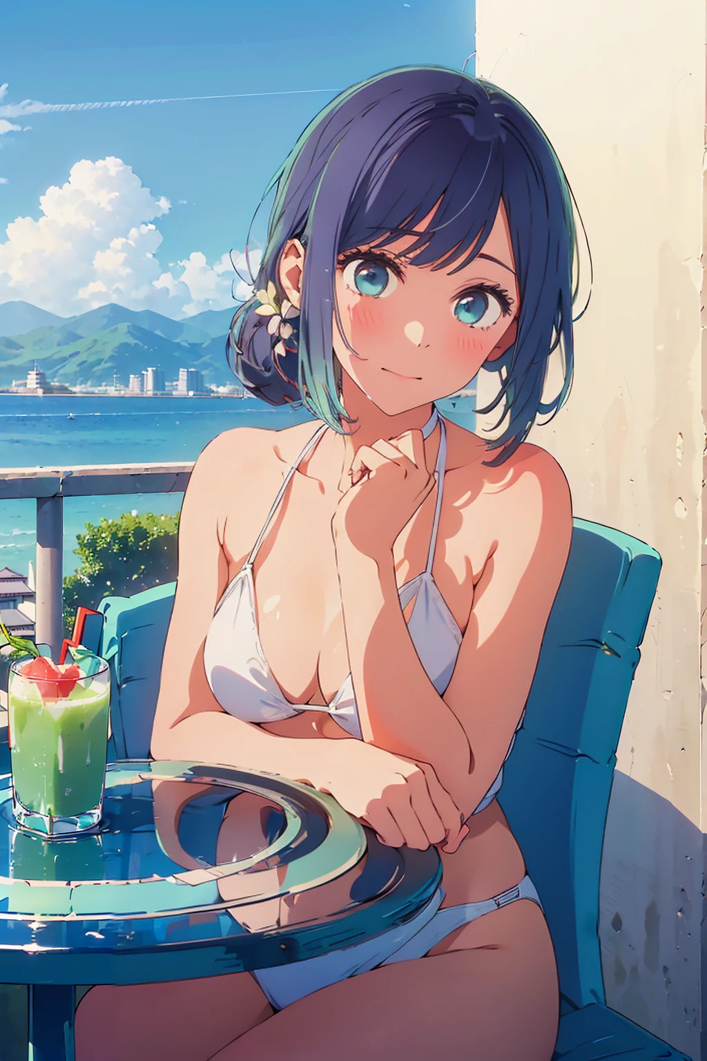 (Highest quality:1.4、8K:1.4、detailed)、F cup bust、Big Breasts、Slim body、Very white beautiful skin、((((1 person、Surprised expression、sit、Chair、In the background are the urban buildings of Tokyo、looking at the camera、Outdoor café terrace、coastal、Navy hair color、juice、White side string high leg bikini、table、Very cute face))))、(Pose of putting hair behind ears with hands:1.4、Low ponytail:1.4)、Very blue sky、A completely cloudless sky