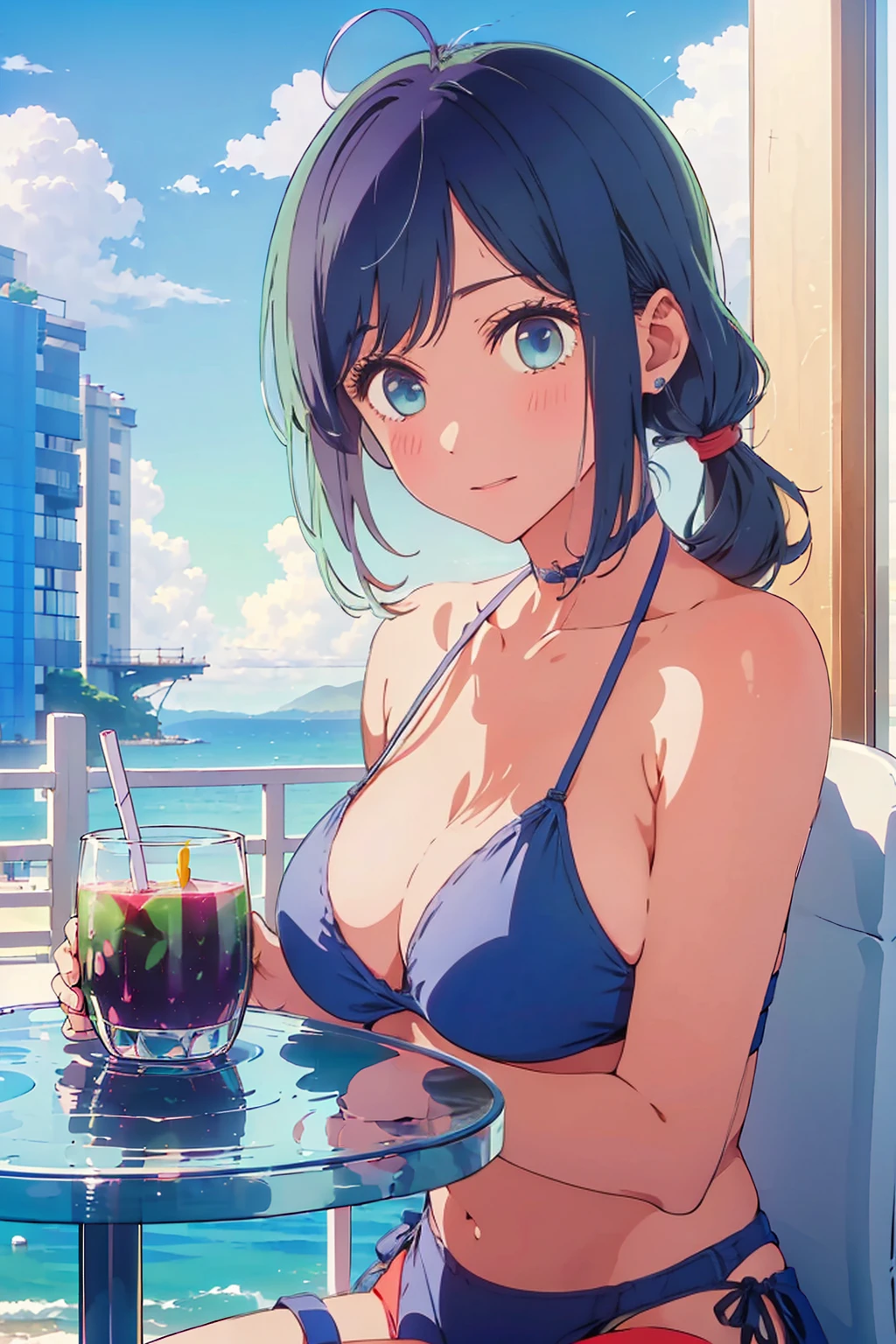 (Highest quality:1.4、8K:1.4、detailed)、F cup bust、Big Breasts、Slim body、Very white beautiful skin、((((1 person、Surprised expression、sit、Chair、In the background are the urban buildings of Tokyo、looking at the camera、Outdoor café terrace、coastal、Navy hair color、juice、White side string high leg bikini、table、Very cute face))))、(Pose of putting hair behind ears with hands:1.4、Low ponytail:1.4)、Very blue sky、A completely cloudless sky