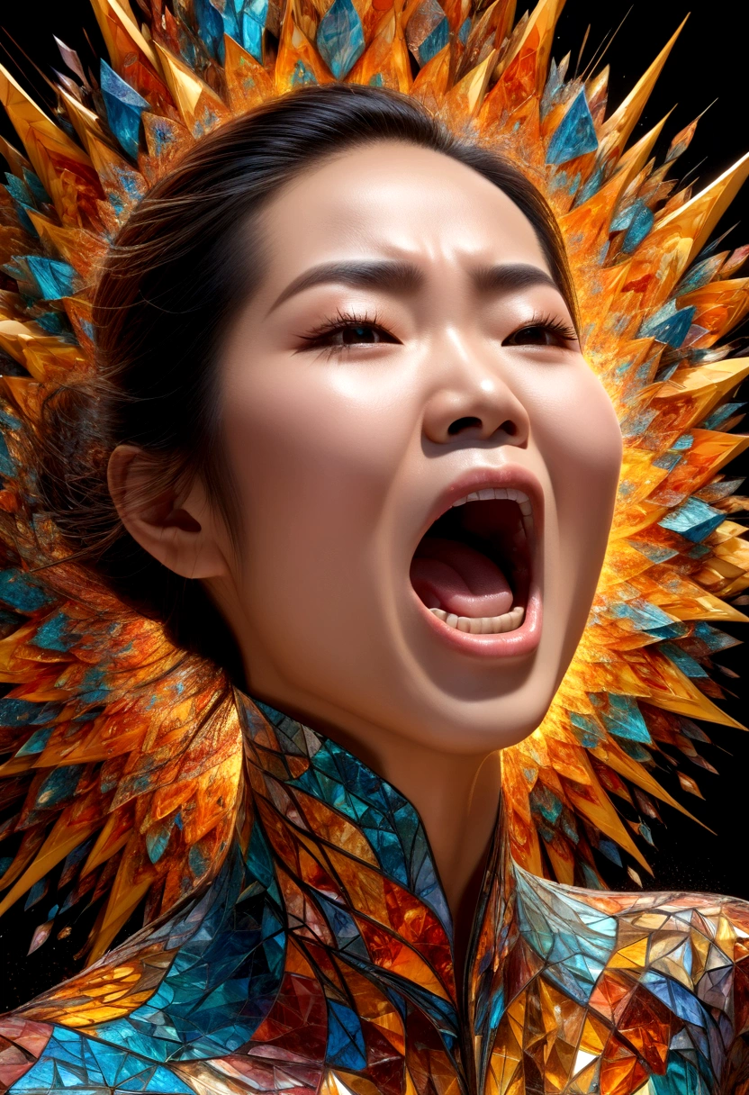 Thai women's faces(Only the face with its mouth wide open screamed in rage.),Explosion of body parts into 3D cubes , Mosaic art, masterpiece, bright colors, , Highly detailed, , fractal art, , 8K, geometric concept art, sharp line
