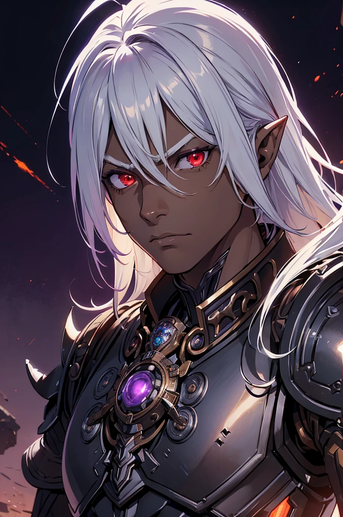 ((best quality)), ((masterpiece)), (detailed), ((boy)), ((mechanical armor)), (steampunk), (serious), dark skinned, human, upper body, portrait, red eyes, long white hair, Xemnas from Kingdom Hearts, half-drow, pointy ears, serious face, dramatic lighting, purple hue, art by Kinema Citrus and Tetsuya Nomura
