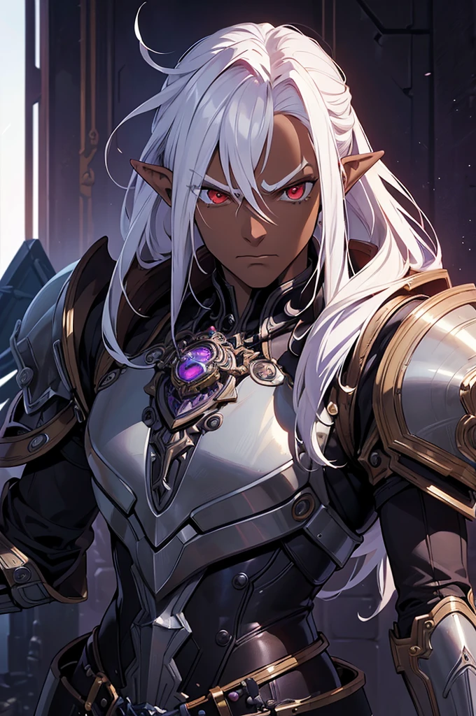 ((best quality)), ((masterpiece)), (detailed), ((boy)), ((mechanical armor)), (steampunk), (serious), dark skinned, human, upper body, portrait, red eyes, long white hair, Xemnas from Kingdom Hearts, half-drow, pointy ears, serious face, dramatic lighting, purple hue, art by Kinema Citrus and Tetsuya Nomura
