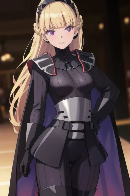 8k,highres,absurdres,masterpiece,best quality,original,extremely detailed CG,extremely detailed wallpaper,perfect lighting,1girl,solo,blurry_background,looking_at_viewer,
AmSW,long hair,blonde hair,black gloves,purple eyes,black hairband,cape,caped,black bodysuit,medium breasts,braid,blunt bangs,