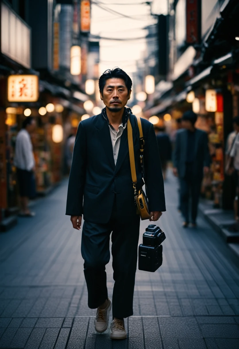A movie-like photo of a Japanese man walking through a shopping district with a camera hanging from his neck. Photographed with a shallow depth of field to blur the dark surroundings, her striking, defiant pose is emphasized. Golden hour all over.