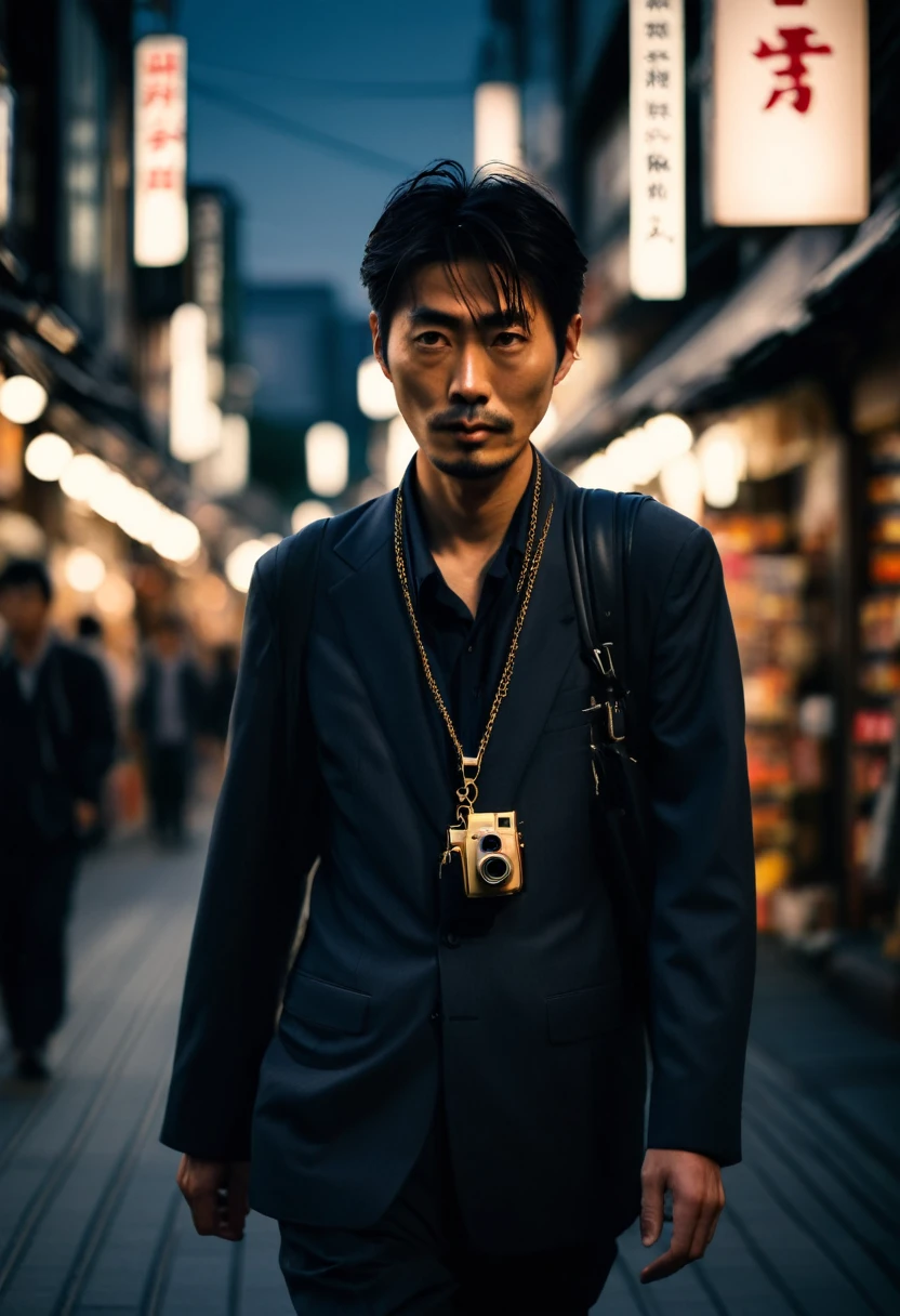 A movie-like photo of a Japanese man walking through a shopping district with a camera hanging from his neck. Photographed with a shallow depth of field to blur the dark surroundings, her striking, defiant pose is emphasized. Golden hour all over.