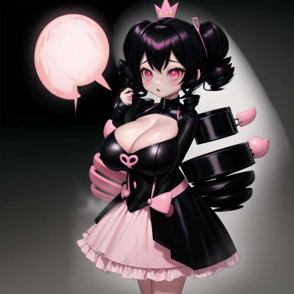 black hair, female, twin drills, solo, smol, pink eyes, massive breasts, very long hair, wear cute black outfit, masterpiece, ultra high quality