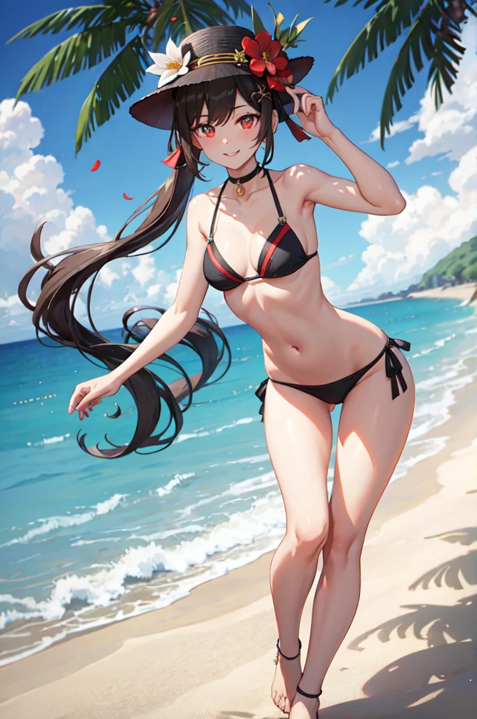 hd,8k,ultra qualty,1girl, ((solo)), hutao_genshin, standing, neck bell, flower, bare arms, very long hair, long hair, twintails, brown hair, red eyes, stomach, cleavage, choker, sidelocks, symbol-shaped pupils, smile, bikini, on stomach, ((flower-shaped pupils)), red bikini, navel, red flower, black choker, bare shoulders, hair ornament, strap slip, hair flower, thighs, day, outdoors, thigh gap, plum blossoms, bell, blush, looking at viewer, ((sky)), blue sky, (beach), sea, sand, black hat, black chinese hat, flat chest