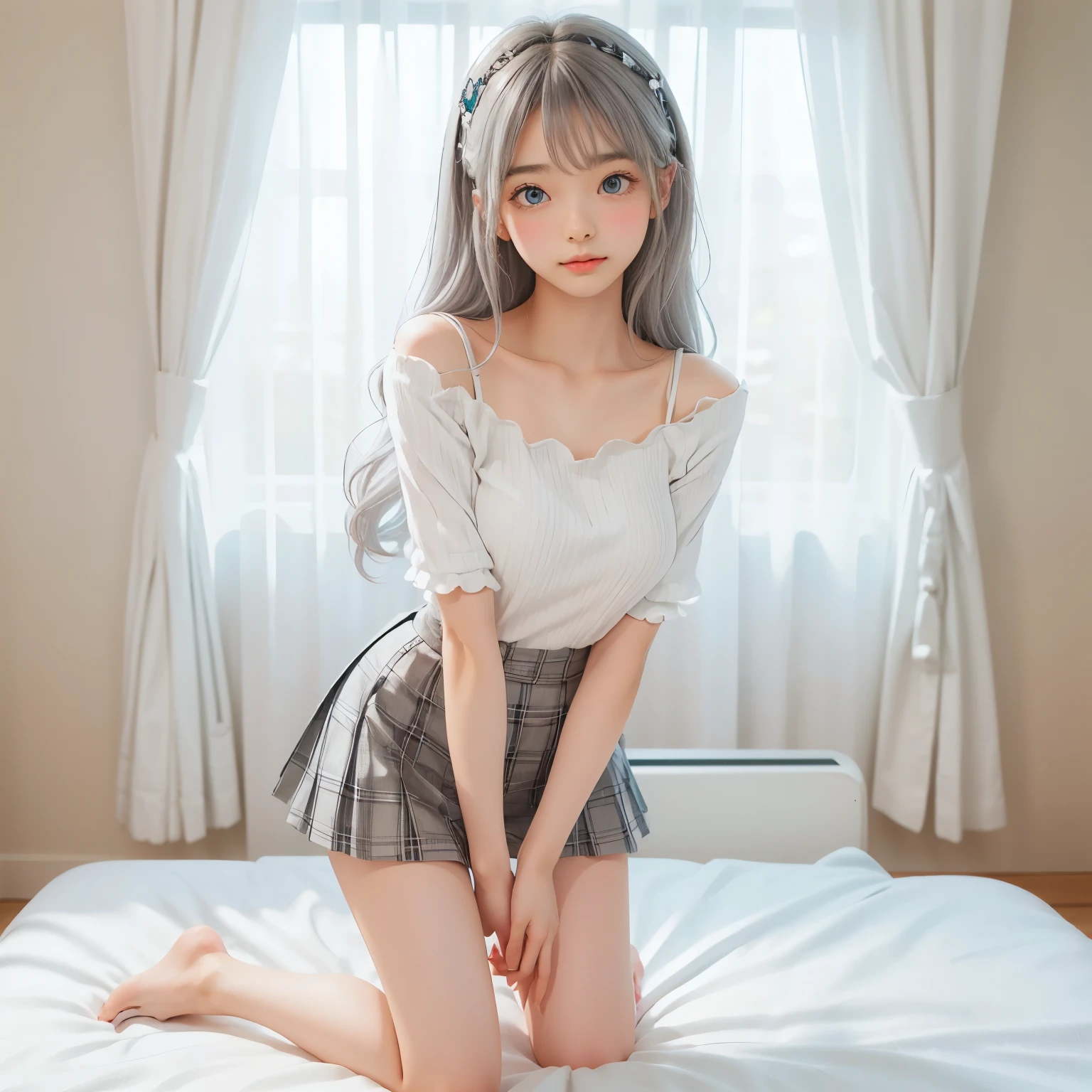 detailed face, cute face, ((masterpiece)), (Highest quality))), (Character design sheet, National costume, same characters, front, ~ side, return), figure, 1 girl, whole body, Silver Hair, eyes hair, Beautiful Eyes, Princess Cut, Environmental change scene, Short skirt, Shyness, woman, girl, Are standing, Gothic ta, VTuber, Chartern Betarola, (simple returnground, white returnground: 1.3) ( masterpiece:1.2), (Highest quality:1.3), (Hands on knees) , Leaning forward