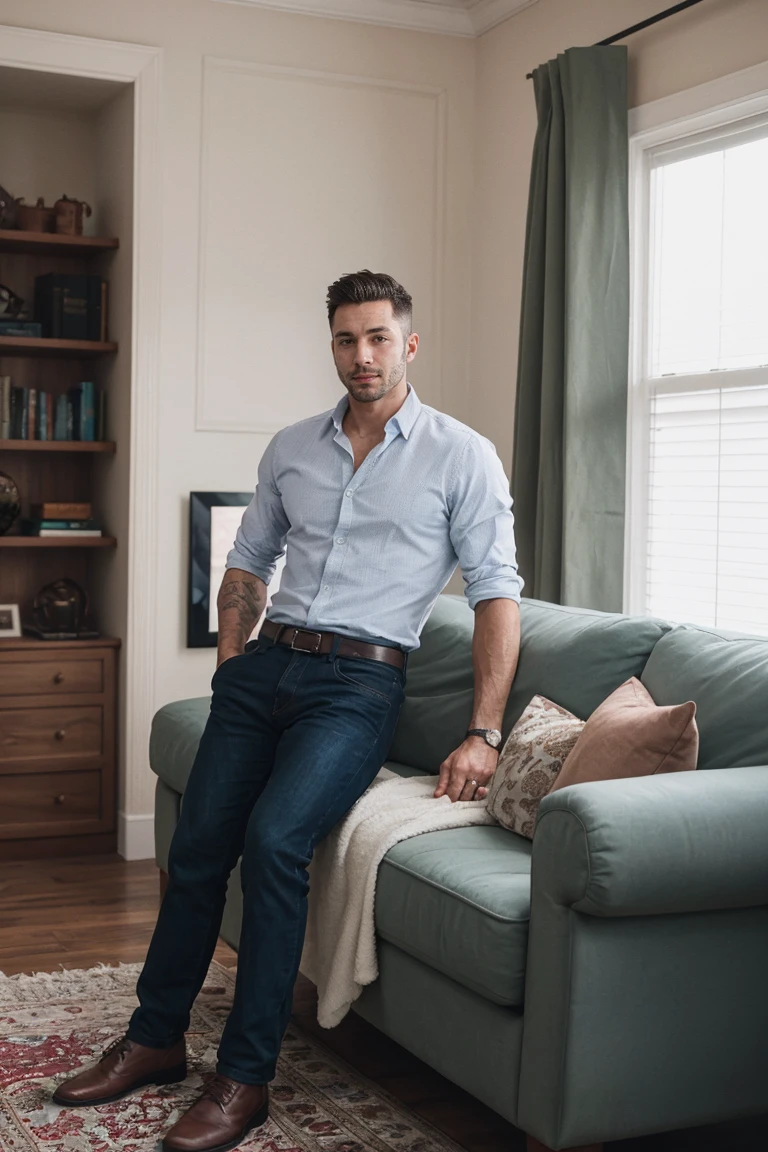 shot by Sony a7 IV Mirrorless Camera, natural light, analog film photo, Kodachrome ,handsome men ,living room
