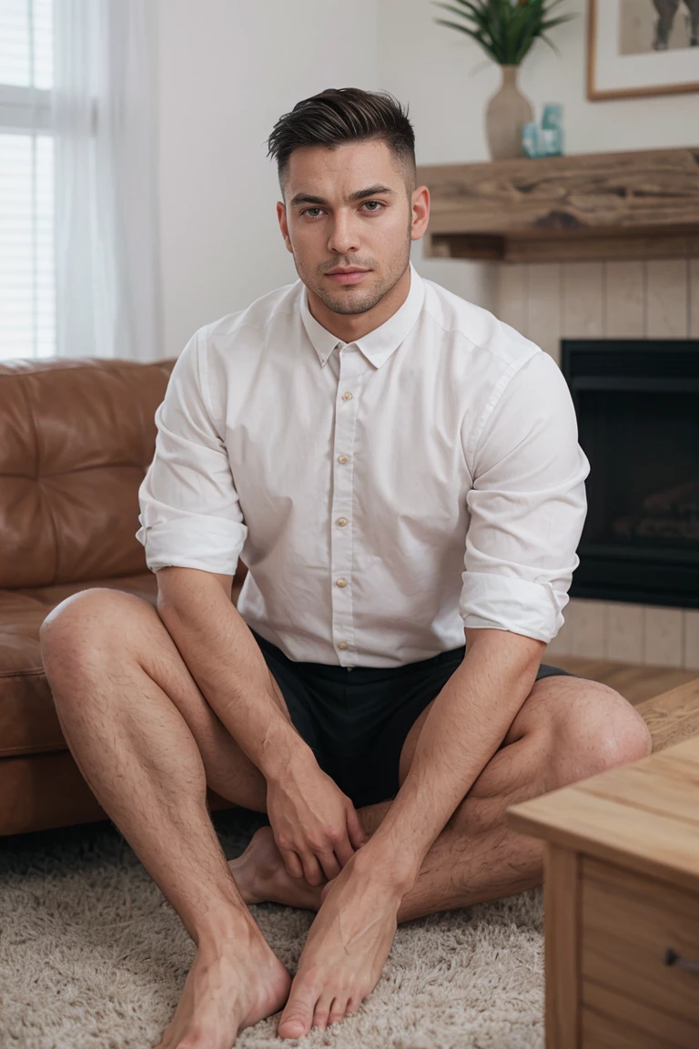 shot by Sony a7 IV Mirrorless Camera, natural light, analog film photo, Kodachrome ,handsome men ,living room