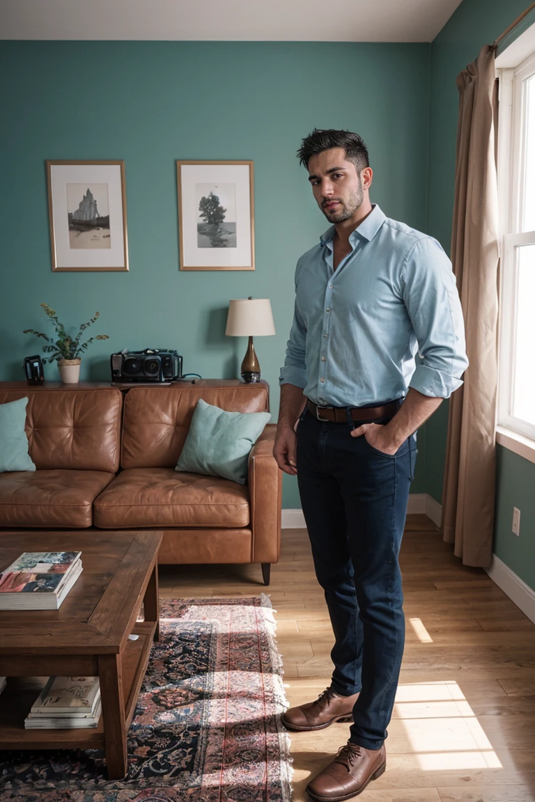 shot by Sony a7 IV Mirrorless Camera, natural light, analog film photo, Kodachrome ,handsome men ,living room