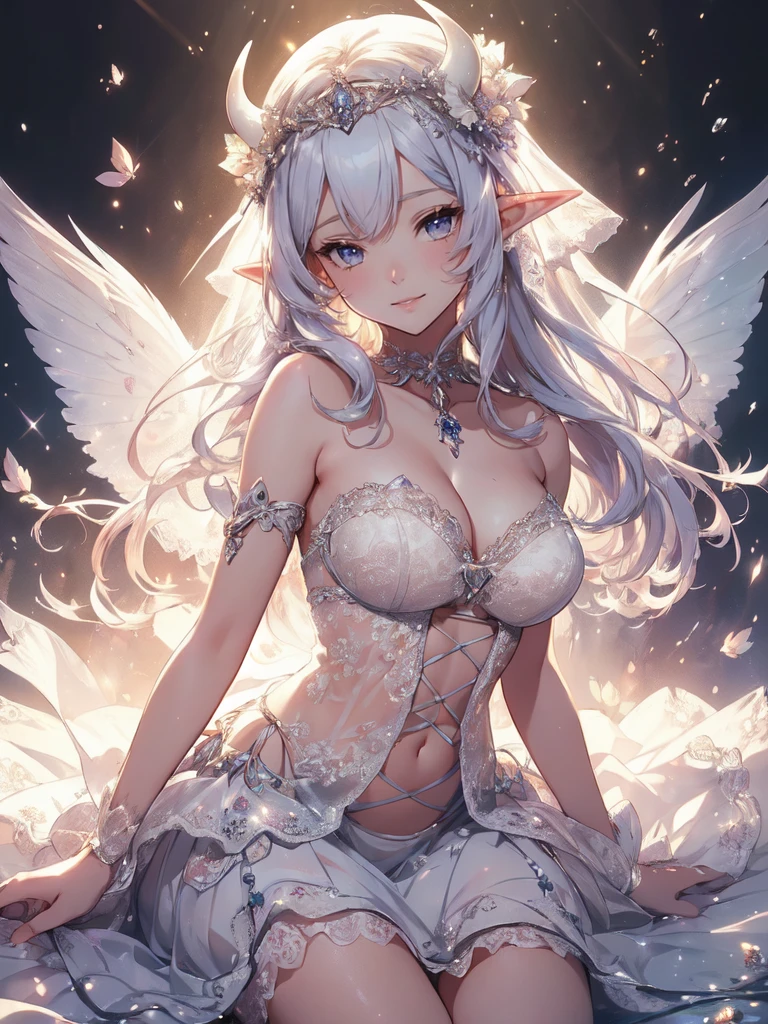 最高quality、1 woman elf、((open eyes)) )The Strongest Succubus、Open your eyes、View here、beautiful瞳、beautiful装飾の水着、bikini,最高quality , fractal art　((smile、))((sleep on your back　))SMqueen、Orgasm、Ecstasy、Bigger on the front、 beautiful輝き,High-definition depiction, Realistic, 8K, Unity, beautiful太もも,,Giant Devil's Wings、虹colorに輝く翼、、 light smile, Beautifully and vividly drawn, , beautiful beautiful透き通る肌、輝くbeautiful装飾の魔法、Giant horns、  demon king、、beautiful装飾の角、 , beautiful、 Romanticism,mosquito。 混沌の最もbeautiful形, Mr..々color, Intertwined flowers, P article,Magical gentle light,smile,,image quality、masterpiece、beautiful顔、Super beautiful elf woman((Big breasted 22 year old office lady、Bust 100,Beautiful long ironed hair、Silver Hair、height: 165cm。、Esbian、、高quality、、Visual Arts、最high quality、1 woman elf  ,beautiful fractal art　light、Beautiful radiance,High-definition depiction, Realistic, 8K, Unity, , light smile, Beautifully and vividly drawn, , Beautiful, beautiful, clear skin、 ((see-through swim suit,))Countless rays of light pouring down, Swirling Light, big background, , Intense light is emitted . Romanticism,:  quality、((open eyes)) 【prompt】

＜クオリティアップ系のprompt＞
＜キャラクター指定などのprompt＞
BREAK (white theme:1.5), (pure white elegant wedding dress:1.3), (sheer white wedding veil on head:1.4), (strapless white courselet with bold plunge:1.4), ((sleeveless, collarbone, upperboobs):1.3), ((full-length hoop skirt, crinoline, fabric of skirt covers entire leg):1.3), (tulle lace on skirt:1.3), (beautiful intricate floral lace embroidery:1.3), (white bridal shoes:1.2),

