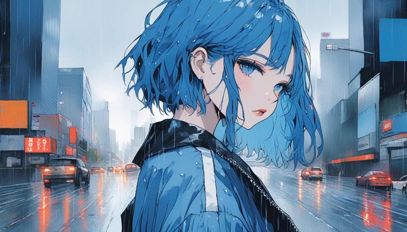 Illustrator, anime , Realistic ,sketch , 1 Girl, ,lip, T-shirt,order,Textured Trim, (masterpiece,Highest quality) Rainy cityscape background, Blue Hair,Textured Trim, Canadian, (masterpiece,Highest quality) Cancer