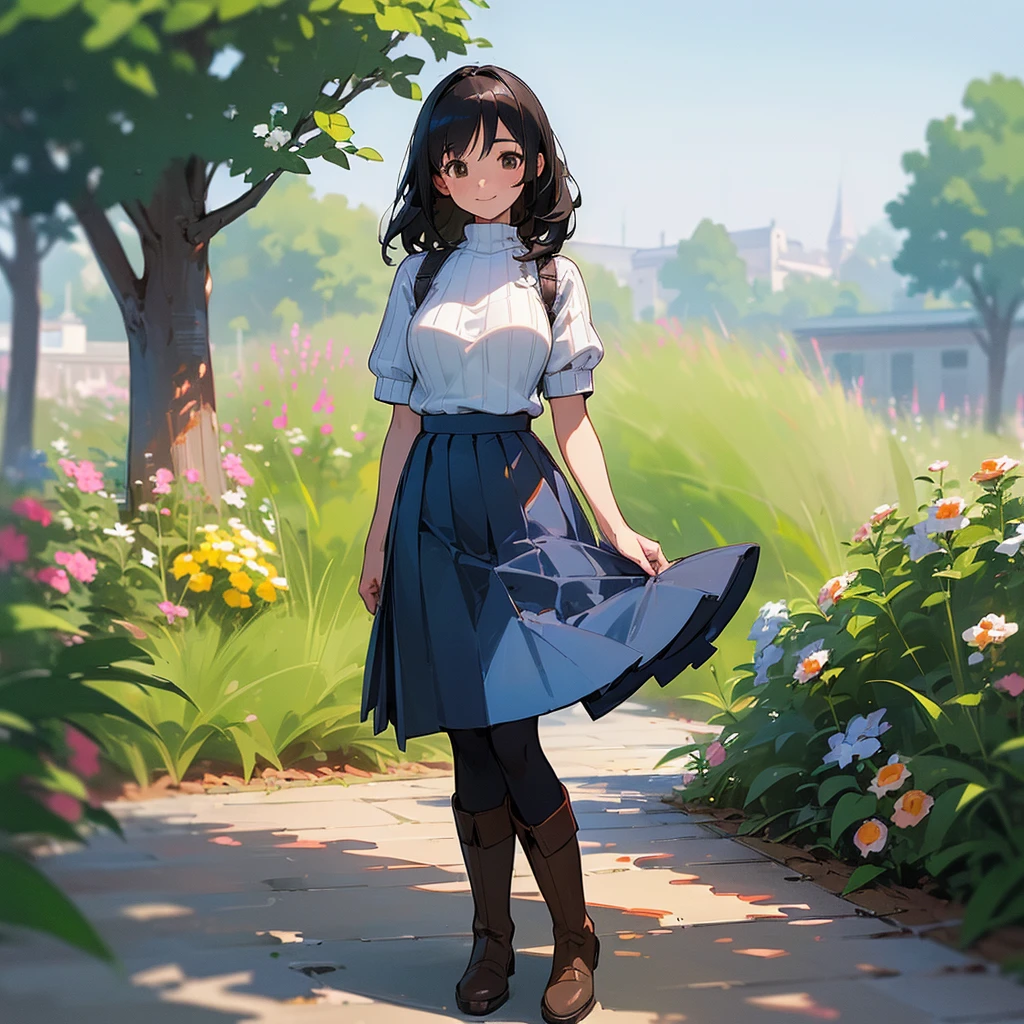 (high quality, High resolution, Very detailed, reality:1.37), Peaceful atmosphere, (Outdoor, garden), Teenage girl standing alone, (my breasts are big.), Beautiful details, Cute Smile, (Black bob hair), Short sleeve ribbed sweater, Blue Skirt, Black tights, Brown boots.