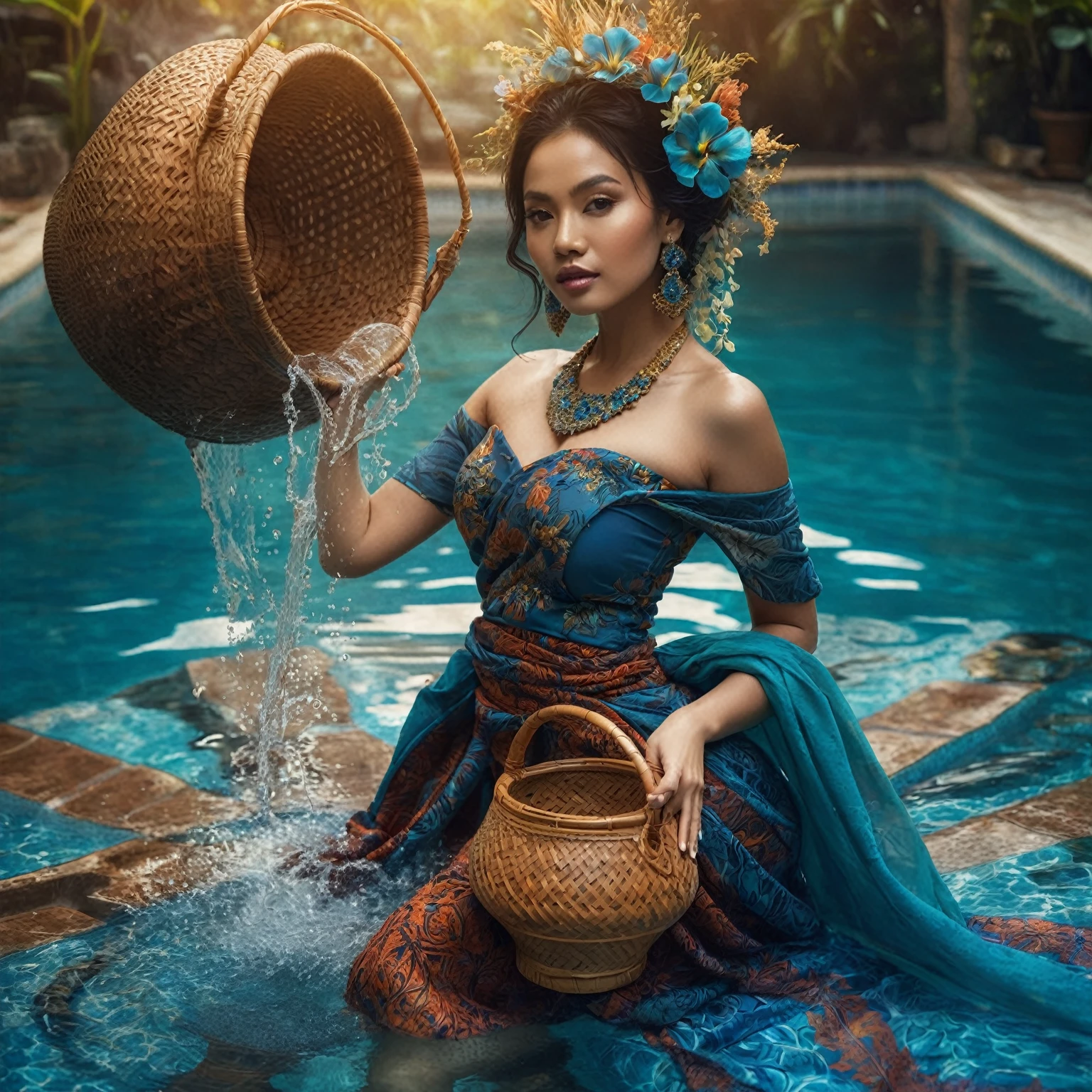 Indonesian woman in traditional blue batik sarong dress holding water basket in pool, fantasy photo shoot, photo shoot, real photo shoot queen of the ocean, modeling photography, high end fashion shoot, solo shoot, by Galen Dara, fashion photography, editorial fashion photography, editorial photography, miss aniela, fashion photography, full body photoshoot, portraits, photos from promo shoots