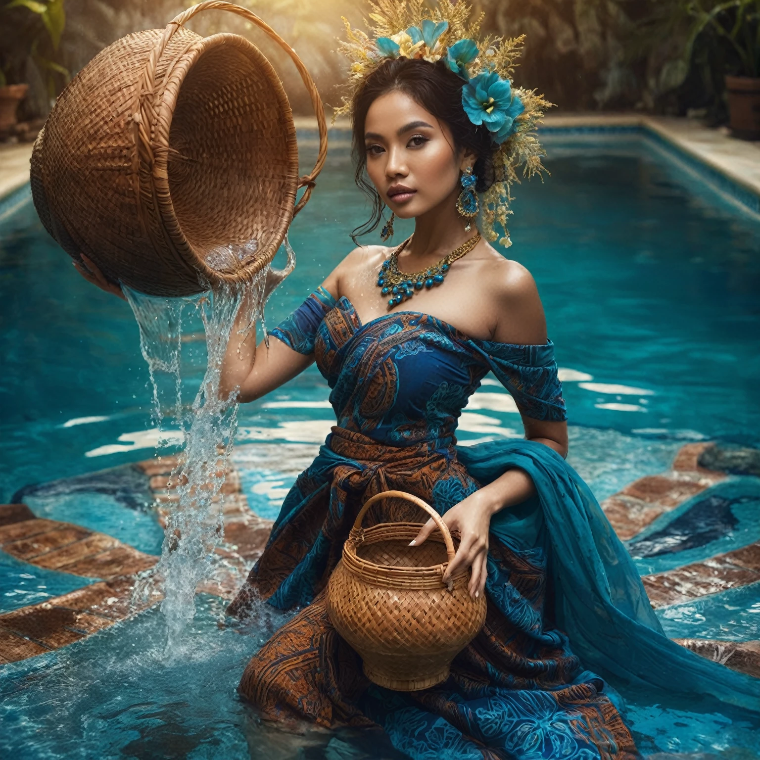 Indonesian woman in traditional blue batik sarong dress holding water basket in pool, fantasy photo shoot, photo shoot, real photo shoot queen of the ocean, modeling photography, high end fashion shoot, solo shoot, by Galen Dara, fashion photography, editorial fashion photography, editorial photography, miss aniela, fashion photography, full body photoshoot, portraits, photos from promo shoots