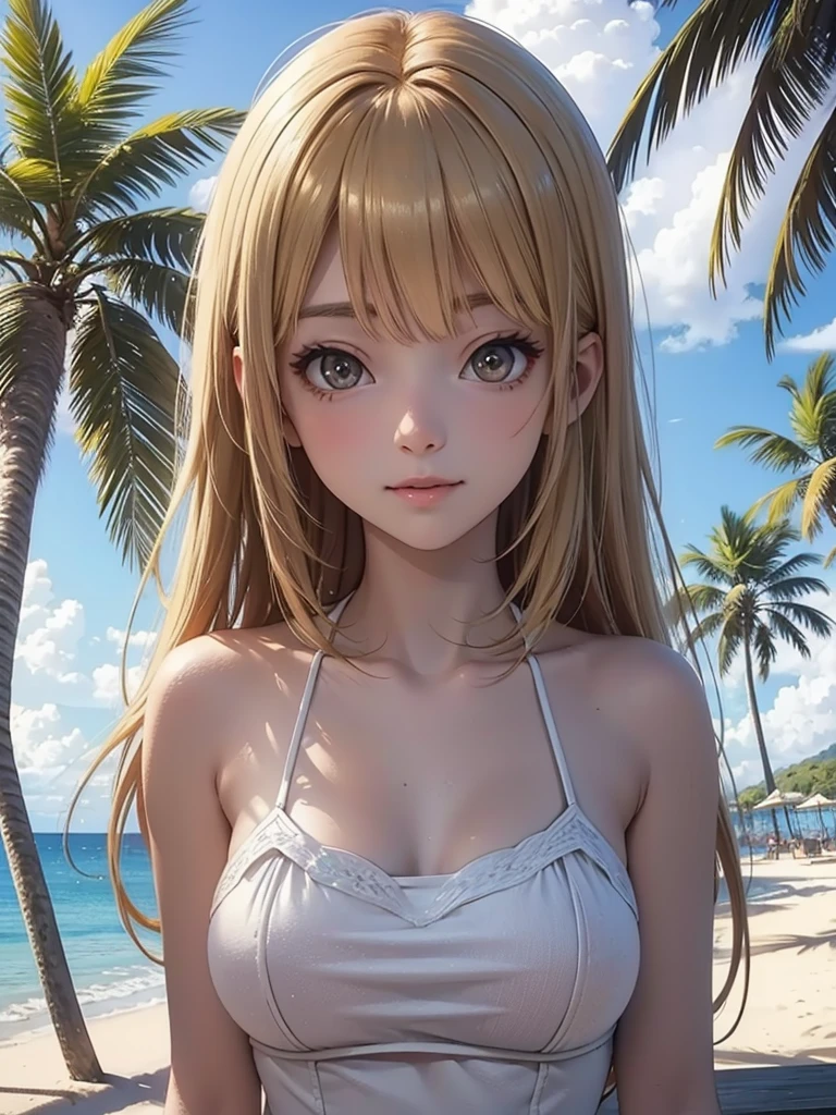 masterpiece, rich colors, Best quality, detailed, high resolution, Hyper quality, high detail, , high quality, detailing, skinny sexy girl on the beach , bright lighting , Brown eyes, Anime, palm trees, bright lighting, blonde,